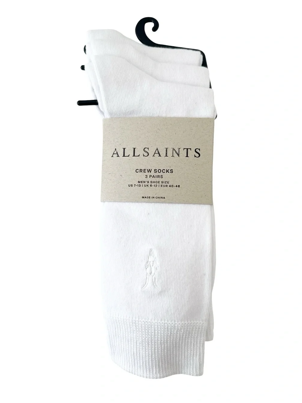 Allsaints 3 Pairs Crew Socks White Shoe Size 7-13 NIB